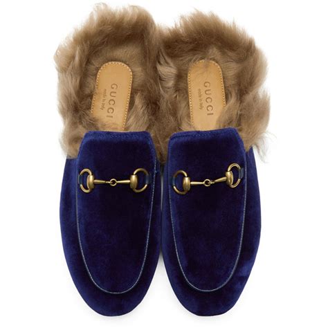 Lyst - Gucci Blue Velvet & Fur Princetown Slippers in Blue