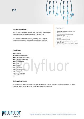 Datasheet material: PFA - Polyfluor Plastics bv - PDF Catalogs | Technical Documentation | Brochure