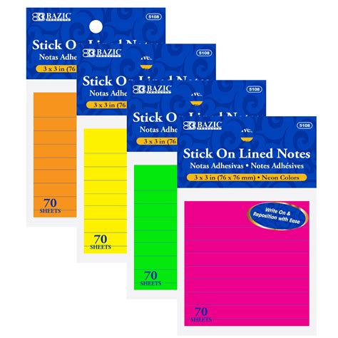 BAZIC Sticky Notes 3x3 Lined Ruled Neon Color Post Stickies, Self Stick ...