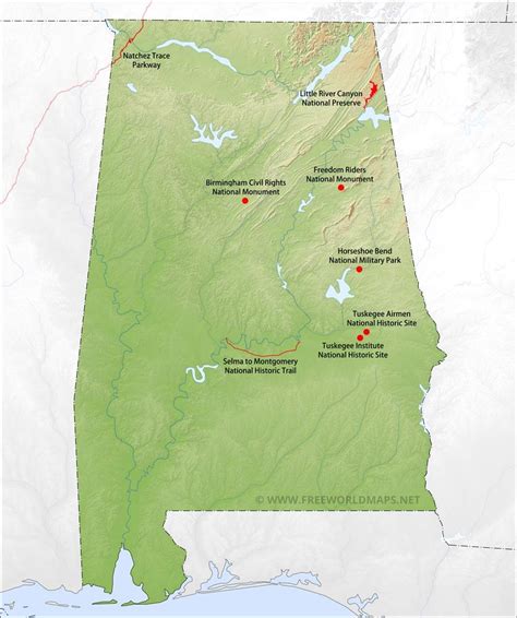 Physical map of Alabama