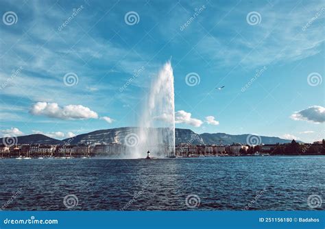 The Jet D`Eau Fountain in Geneva, Switzerland Stock Photo - Image of ...