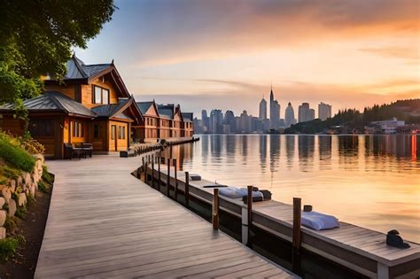 Premium AI Image | the lake view of the hotel with the city skyline in ...