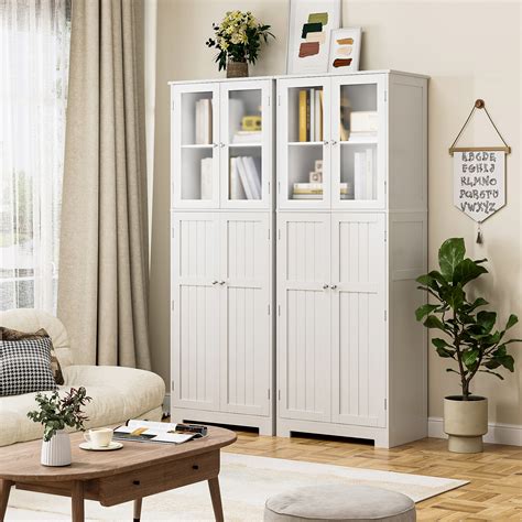 Homfa Farmhouse Kitchen Pantry Cabinet with Frosted Glass Doors, Wood ...