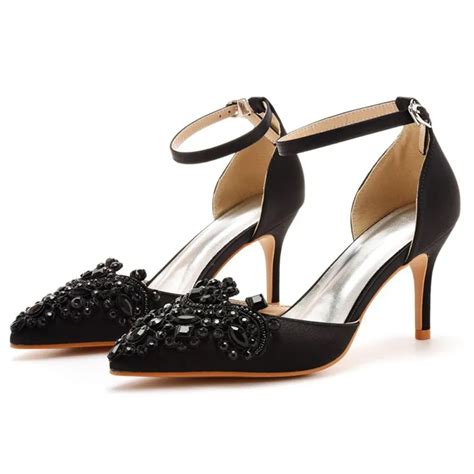 Chic / Beautiful Black Rhinestone Prom Womens Sandals 2023 Ankle Strap 7 cm Stiletto Heels ...