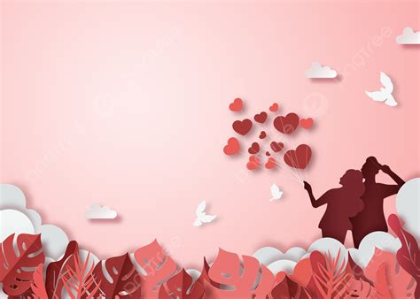 Couple Paper Cut Plant Love Cloud Valentine Pink Background, Romantic ...