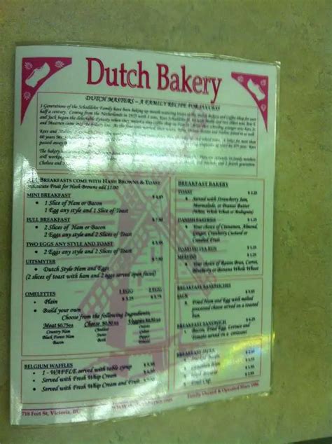 Menu at Dutch Bakery & Diner, Victoria