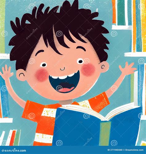 Cartoon Happy Boy Reading a Book. Children S Book Illustration. Generative AI Stock Illustration ...