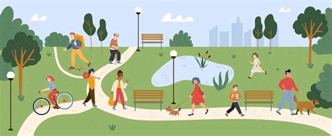 People walk with dogs, ride on bike in park 13086623 Vector Art at Vecteezy