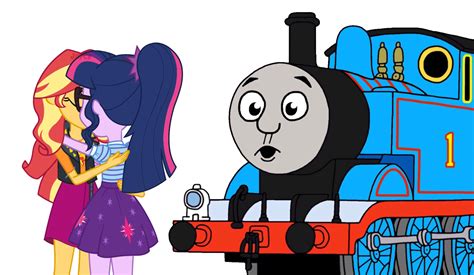 Sunset and Twilight kissing in front of Thomas by leonsart933838 on DeviantArt