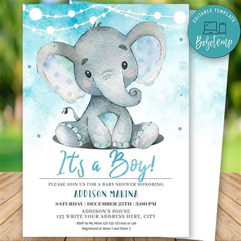 Printable Elephant it's a boy Baby Shower Invitation DIY | Bobotemp