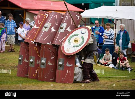 Roman soldiers in defensive formation with shields and weaponry at a Roman army reenactment ...