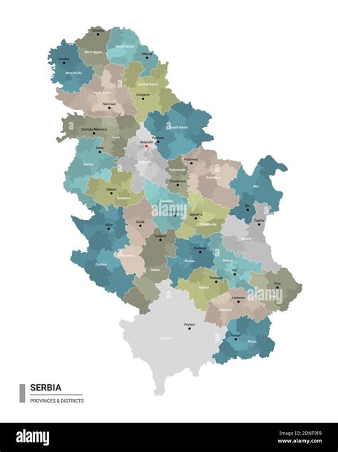 Serbia higt detailed map with subdivisions. Administrative map of Serbia with districts and ...