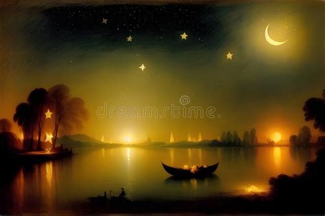 Calm Lake with Boat Under Starry Night Sky Stock Photo - Image of picturesque, water: 272982032