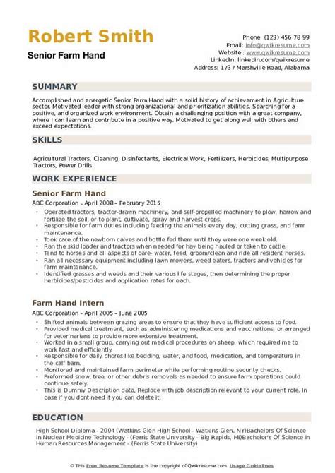 Farm Hand Resume Samples | QwikResume