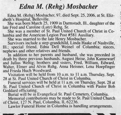 The Waterloo Republic Times Waterloo Illinois Wed P3 27 Sep 2006 Edna M (Rehg) Mosbacher ...