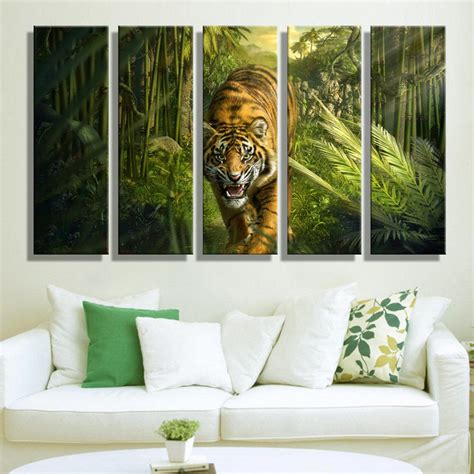 5 Panel Canvas Tiger in Jungle Wall Art Decoration Painting Print On C – EllaSeal