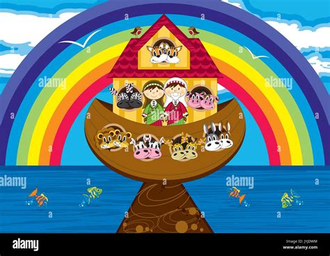 Cartoon Noah’s Ark with Animals Biblical Illustration Stock Vector ...