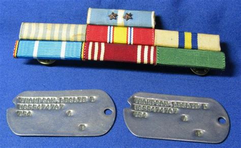 Korean War Era 1954 Army Dog Tags Set T54 & Ribbon Bar With 7 Ribbons Attached | #3249281738