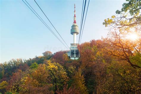 Namsan N Seoul Tower with the Line of Cable Car at the Sunset Ti Stock ...