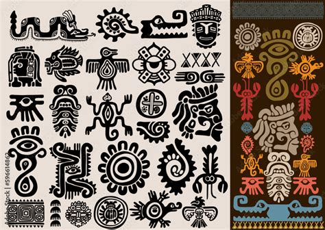 Mexican gods symbols. Set of aztec animal bird totem idols, ancient inca Maya civilization ...