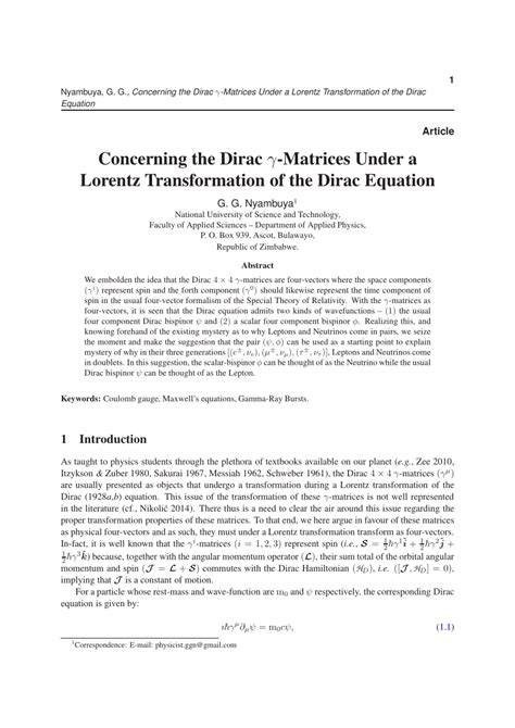 (PDF) Concerning the Dirac γ-Matrices Under a Lorentz Transformation of ...