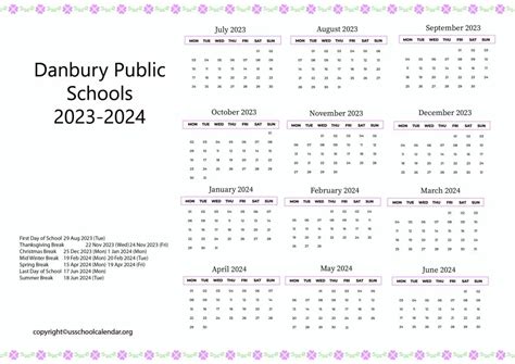 Danbury Public Schools Calendar with Holidays 2023-2024