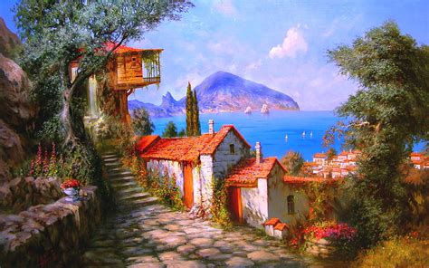 HEAVENLY PLACE, art, stairs, sea, sail, alexander miliukov, painting ...