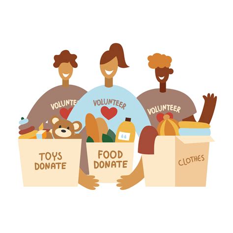 Volunteers men and women hold donation boxes with clothes, food and toys. 14480118 Vector Art at ...