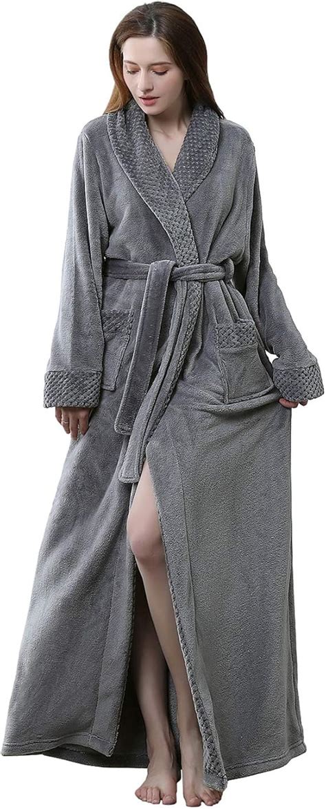 Womens Long Robe Fleece Dressing Gown Plush Luxury Bathrobe Ladies Shawl Collar Housecoat ...