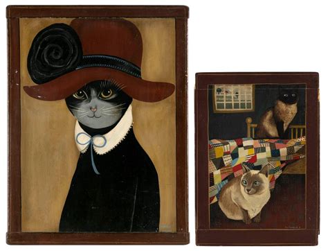 Lot - TWO AMERICAN FOLK ART PAINTINGS OF CATS BY MAGGIE MEREDITH AND ...