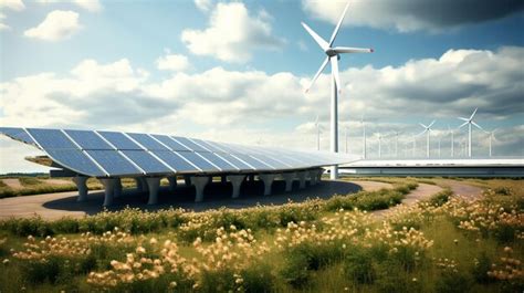 Premium AI Image | solar panels and wind turbines under blue sky with ...