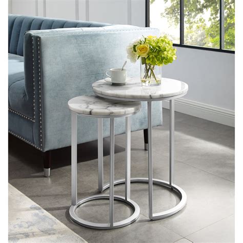Modern White Round Stone Nesting Coffee Table With 2 Drawers : Inspired Home Asbille Nesting End ...