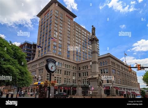 Lancaster, PA, USA - June 25, 2018: In downtown Lancaster City, the Soldiers Monument is located ...