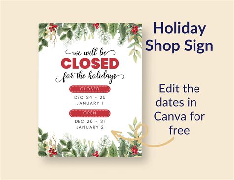 Customizable Holiday Closed Sign Printable Shop Open Hours December ...