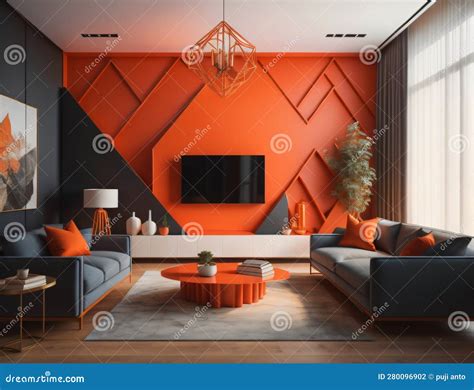 Modern Living Room Design with Orange Walls, Generative Photo Ai Stock ...