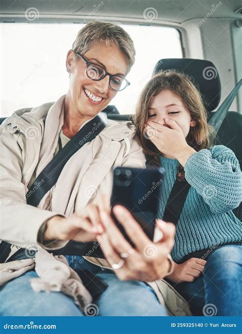 Phone, Surprise and Mother with Child on Car Journey, Travel or Road ...