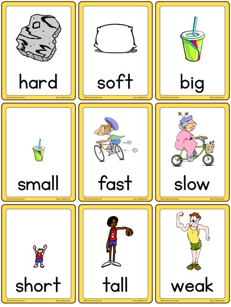 Easy Adjectives – ESL Flashcards | Flashcards, Printable flash cards ...