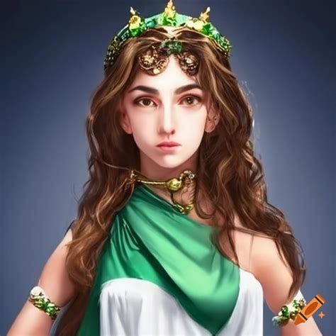 Portrait of a roman girl with long brown hair and emerald attire on Craiyon
