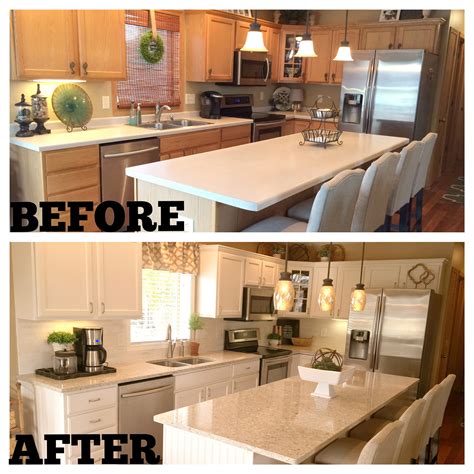 before and after photos of a kitchen remodel with island countertop ...