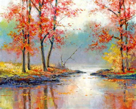 Fall Scene Art Print of Watercolor Painting Trees, Nature, Lake ...