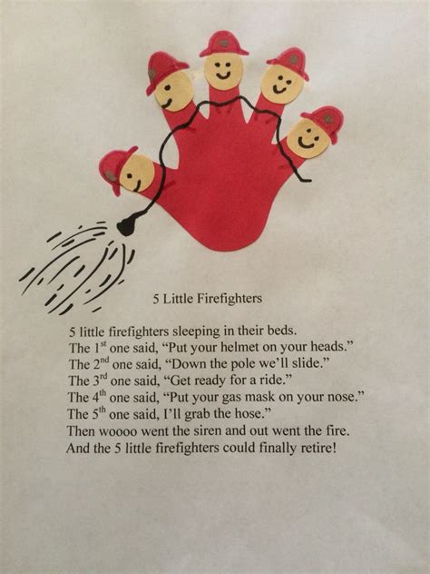 Five little firefighters poem Fire Safety Preschool Crafts, Community ...