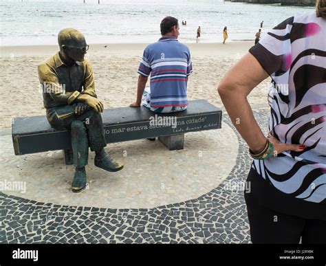 South America, Brazil, Rio de Janeiro, Copacabana Beach, bronze statue ...