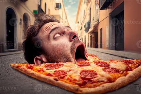 Mouth eating pizza. Head of man with open mouth lying outside eating ...