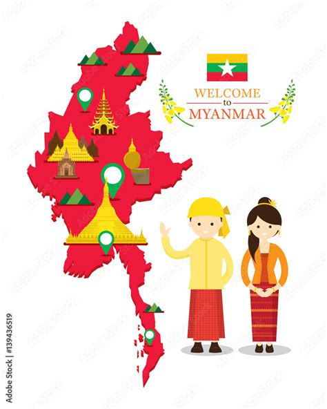 Myanmar Map and Landmarks with People in Traditional Clothing, Culture, Travel and Tourist ...