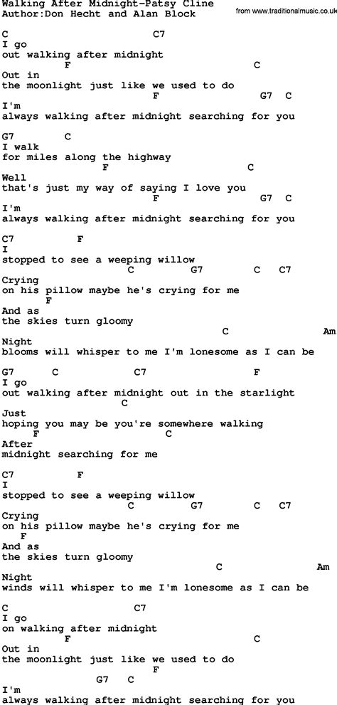 Country Music:Walking After Midnight-Patsy Cline Lyrics and Chords