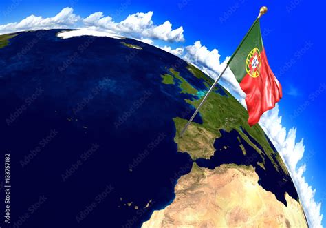 Portugal national flag marking the country location on world map. 3D ...