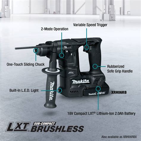 MAKITA Cordless Rotary Hammer Kit: Pistol-Grip, 18V DC, SDS-Plus, 11/16 in max, 2.0 Ah, 0.88 ft ...