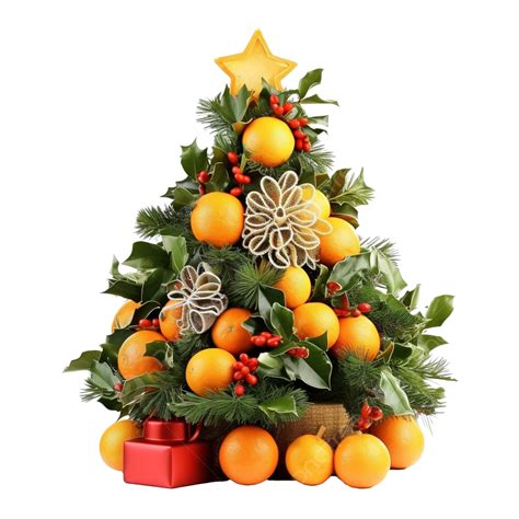 Small Christmas Tree With Decorations, Gifts And Citrus On The Table, Christmas Gift, Christmas ...