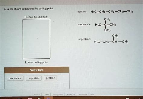 SOLVED: Rank the shown compounds by boiling point: pentane: H3C-CH2-CH2-CH2-CH3 Highest boiling ...