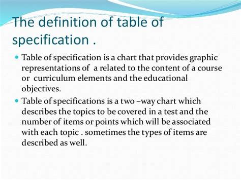 Table of specification